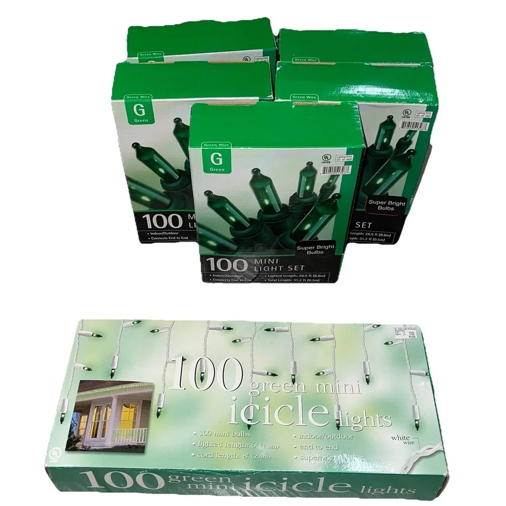 NIB 5 Christmas Holiday String Lights Mini Indoor Outdoor GREEN 1 Bx Icicle VTG
